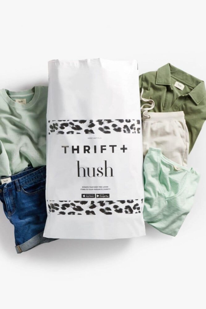 Thrift and Hush Mailing bag with clothes at the side